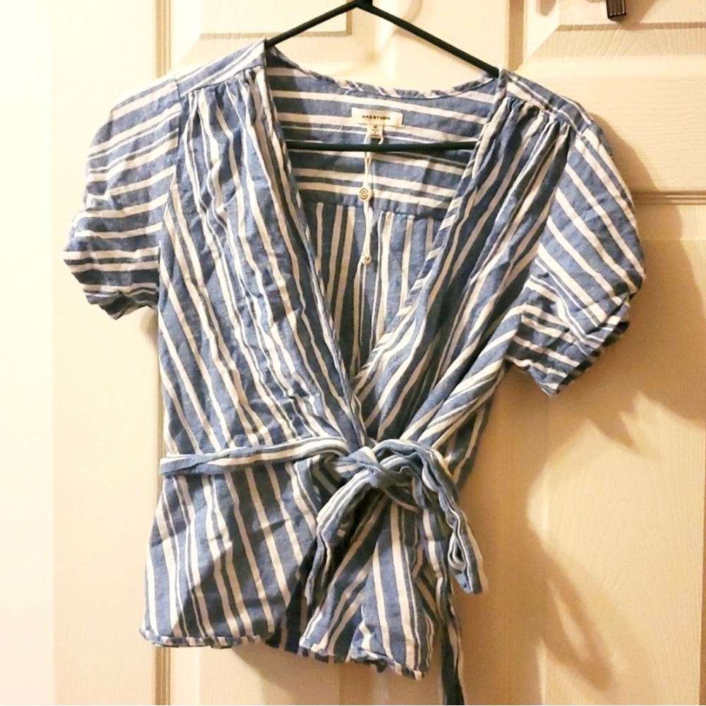 $80 NWT MAX STUDIO Linen Cotton Blend Stripe Wrap Blouse, Size Medium - Picture 2 of 6